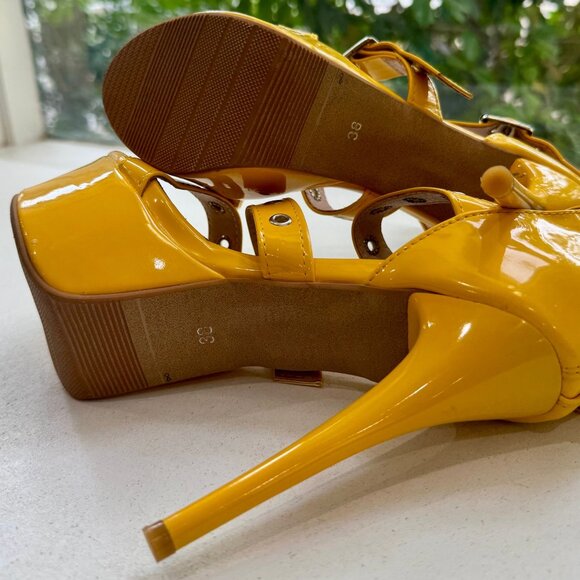 Yellow Patent Leather Buckle Straps Sexy Stiletto Platform High Heel Pumps Sz 7 - Picture 6 of 8